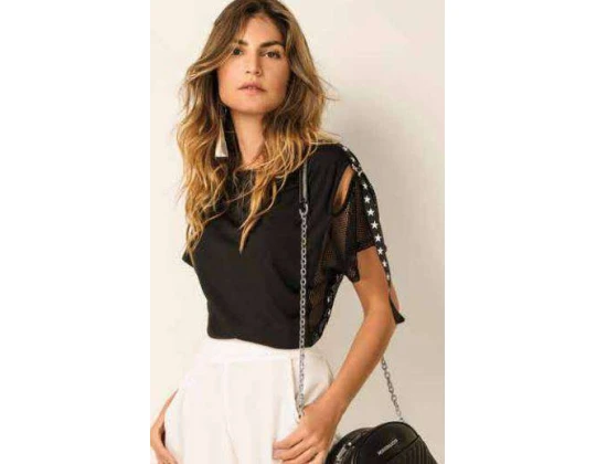 BLUSA DECOTE REDONDO MANGA CURTA MORENA ROSA 107440 - Preto
