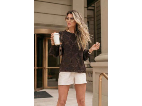 BLUSA LELA COM TRAMAS VERA TRICOT 04506 - Marrom