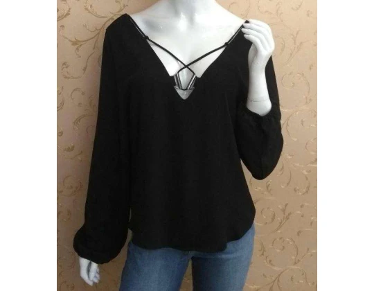 BLUSA MANGA LONGA COM DECOTE EM V MORENA ROSA 105576 - Preto