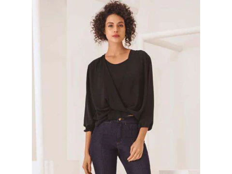 BLUSA TRANSPASSADA MANGA LONGA MARIA VALENTINA 105966 - Preto