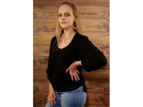 BLUSA TRANSPASSADA MANGA LONGA MARIA VALENTINA 105966 - Preto