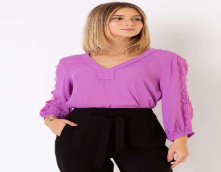 BLUSA VISCOSE RENDA CHANTILLY MANGA SEIKI 520671 - Lilas