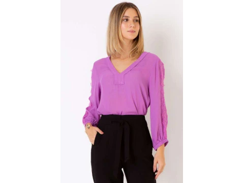 BLUSA VISCOSE RENDA CHANTILLY MANGA SEIKI 520671 - Lilas
