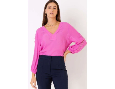 BLUSA VISCOSE RENDA CHANTILLY MANGA SEIKI 520671 - Rosa