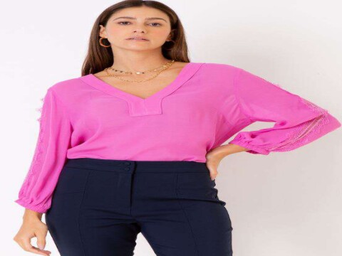 BLUSA VISCOSE RENDA CHANTILLY MANGA SEIKI 520671 - Rosa