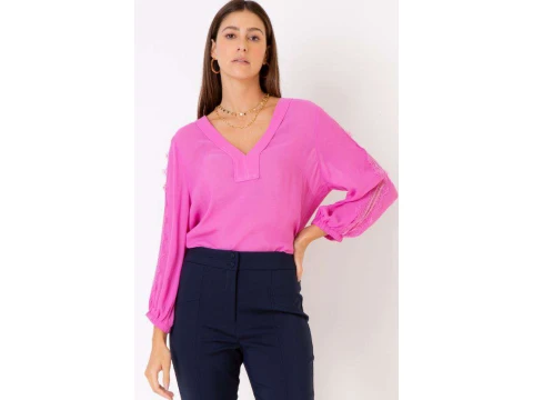 BLUSA VISCOSE RENDA CHANTILLY MANGA SEIKI 520671 - Rosa