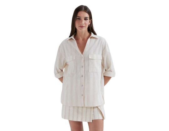 CAMISA FEM ML LISTRADA EM LINHO HERING K5XM - Bege