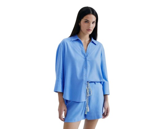 CAMISA MANGA 3/4 FEM LINHO HERING K5V9 - Azul