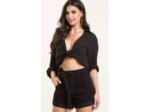 SHORTS MOM BLACK BARRA DOBRADA KALLY JEANS 3204 - Preto