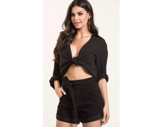 SHORTS MOM BLACK BARRA DOBRADA KALLY JEANS 3204 - Preto