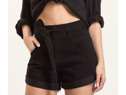 SHORTS MOM BLACK BARRA DOBRADA KALLY JEANS 3204 - Preto