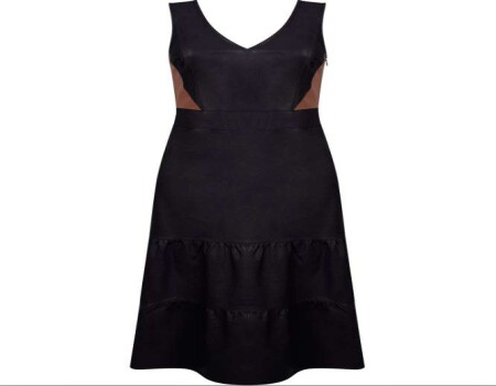 VESTIDO COURO SINTÉTICO MIDI BICOLOR SEIKI 380579 - Preto