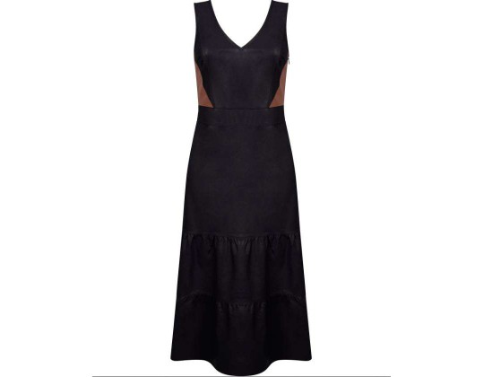 VESTIDO COURO SINTÉTICO MIDI BICOLOR SEIKI 380579 - Preto
