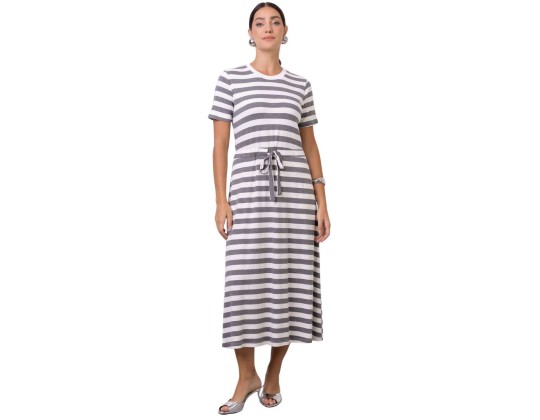 VESTIDO CREPE LISTRADO COM AMARRAÇÃO SEIKI 481001 - Cinza