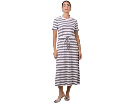 VESTIDO CREPE LISTRADO COM AMARRAÇÃO SEIKI 481001 - Cinza