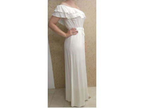 VESTIDO LONGO COM BABADOS DECOTE HERING HA0E - Branco VESTIDO LONGO COM BABADOS DECOTE HERING HA0E - Branco