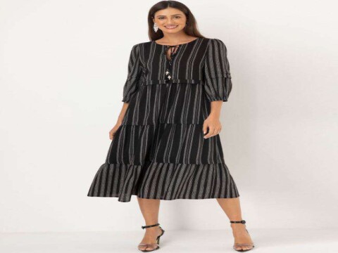 VESTIDO MIDI VISCOLINHO LISTRADO SEIKI 380649 - Preto