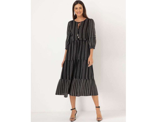 VESTIDO MIDI VISCOLINHO LISTRADO SEIKI 380649 - Preto