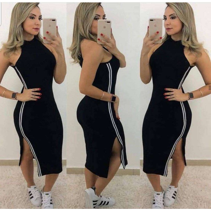 vestido midi com listra lateral